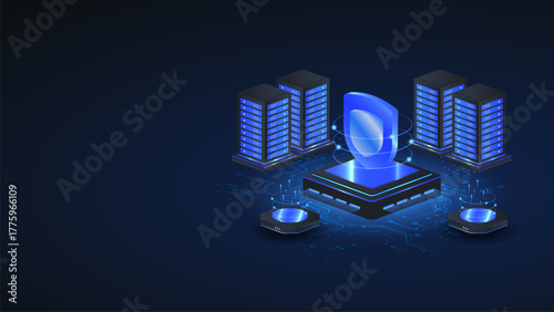 Isometric Cybersecurity Network Illustration with Digital Shield, Data Servers, and Secure Technology Concept.