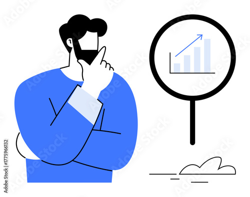 Man in blue shirt thinking and observing a bar graph with magnifying glass. Ideal for analytics, data growth, business strategy, decision-making, problem-solving, introspection, research. Simple flat