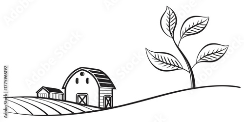 Vector illustration of a farm with a barn, shed, tilled field, and a plant with leaves in black and white
