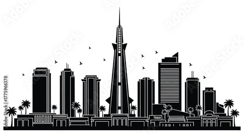 Black and white skyline silhouette of a modern city landscape editable vector