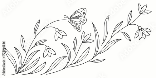 Vector illustration of a butterfly perched on a floral arrangement with various flowers and leaves design art