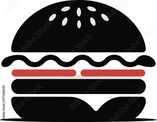 Minimalist black burger vector icon with red and white layers and sesame seeds on a dark bun representing fast food