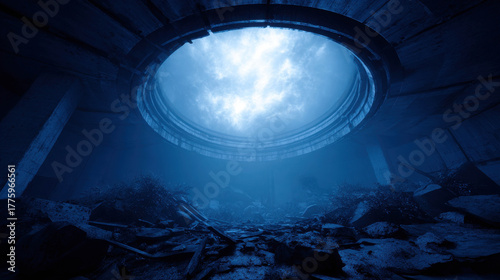 Ethereal Light from Broken Dome with Glowing Blue Interior and Faint Shadows in Abandoned Reactor Surrounded by Debris and Ruins