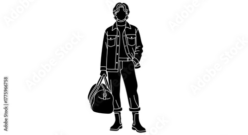 Stylish person carrying a duffel bag, ready for a journey, depicted in a clean silhouette.