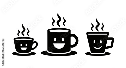 Three steaming coffee cups with happy faces radiate warmth and cheer on a white background.