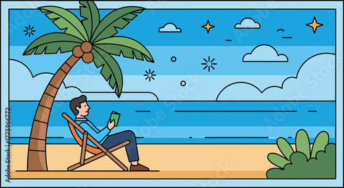 Man relaxing on a beach chair under a palm tree, reading a book by the ocean.