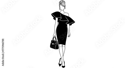 Elegant woman in a stylish black dress carrying a handbag, walking with confidence.