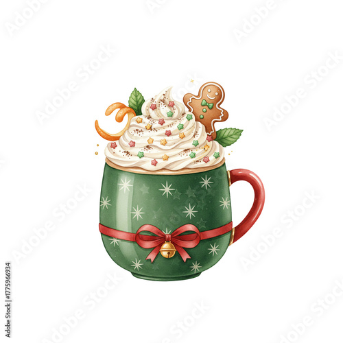 Festive Green Christmas Mug Clipart | Hot Cocoa with Whipped Cream & Gingerbread Man PNG
