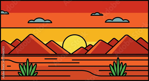 Vibrant desert landscape at sunset with rolling hills and sparse vegetation under a warm sky.