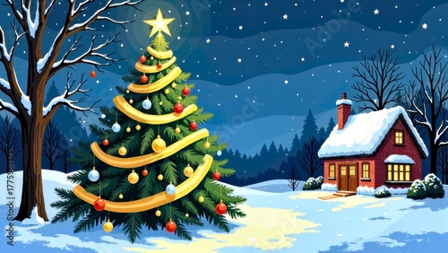 Christmas tree and cabin in the woods on a snowy night