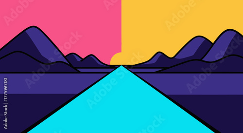 Vibrant abstract landscape with a road leading to a colorful horizon under stylized mountains.
