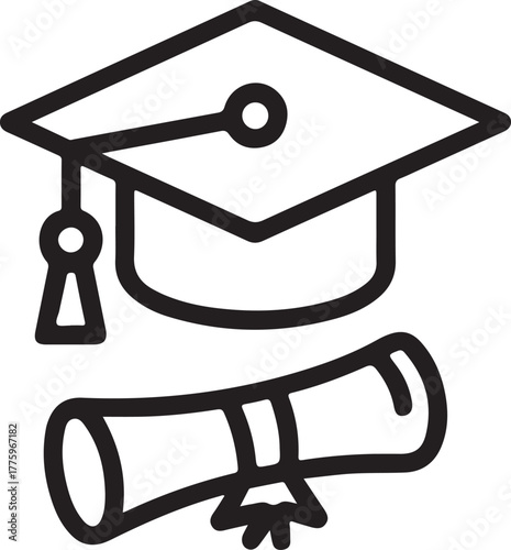 Hand drawn graduation cap and diploma scroll icon for education and achievement