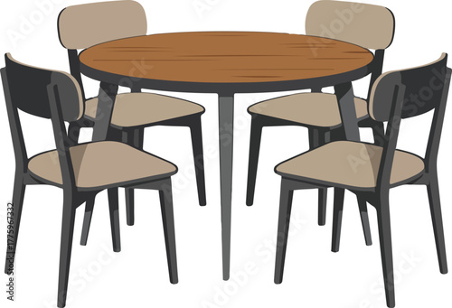 Round wooden dining table and four chairs vector graphic illustration for home interior design