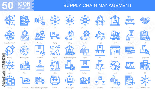 Supply Chain Management icon collection set. Containing management, Industry, Supply Chain, distribution, Logistics, warehouse icon