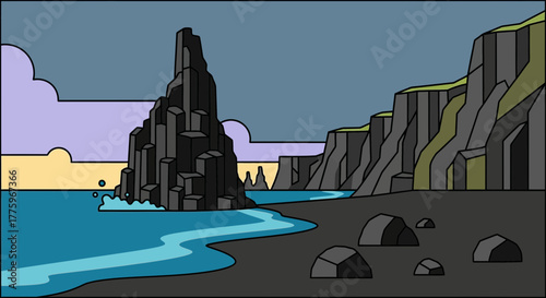 Dramatic dark rock formations rise from the ocean against a moody sky on a black sand beach.