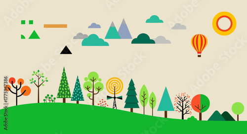 Whimsical landscape illustration with colorful trees, mountains, and hot air balloon under a bright sun.