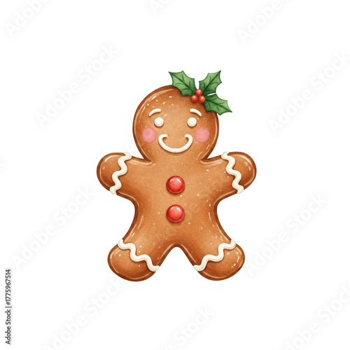 Cute Gingerbread Man Clipart | Christmas Cookie Illustration with Holly PNG

