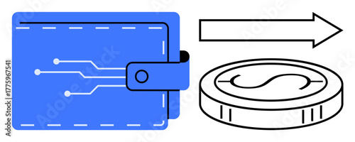 Blue digital wallet with circuit design paired with coin and arrow indicating cryptocurrency transfer. Ideal for finance, blockchain, technology, digital payment, cryptocurrency, fintech, banking