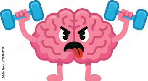 Straining cartoon brain character lifting blue dumbbells representing mental workout and cognitive effort vector