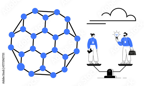 Molecular network model paired with two people exchanging ideas on scales. Ideal for teamwork, science, research, equality, innovation, balance, and leadership. Simple flat metaphor