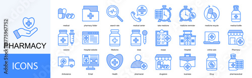Pharmacy icon collection set. Containing medical, pharmacy folder, search rate, medical center, take medicine, medicine icon