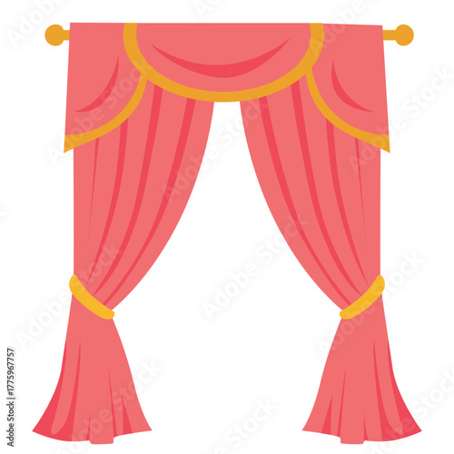 Symmetrical red curtains with scalloped golden valance, ideal for royal, cinematic, or grand stage presentations.