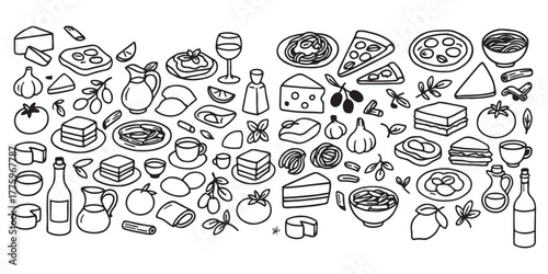 Hand drawn italian food set. Mediterranean lunch and dinner doodle icons. Pasta, olive, pizza, cheese, tomato, lemon, wine. Dolce vita aesthetics. Perfect for print, design menu, sticker.