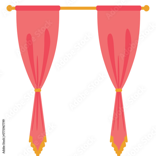 Twin red curtains tied with golden bands, perfect for elegant, festive, or theatrical interior and stage designs.