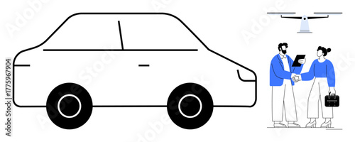 Car, quadcopter, and business professionals interacting with technology. Ideal for innovation, transportation, technology, business, future mobility cooperation and smart solutions concepts. Simple