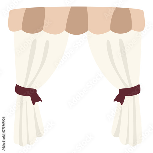 Wide-folded white curtain with brown valance, perfect for classic, elegant, or traditional room aesthetics.