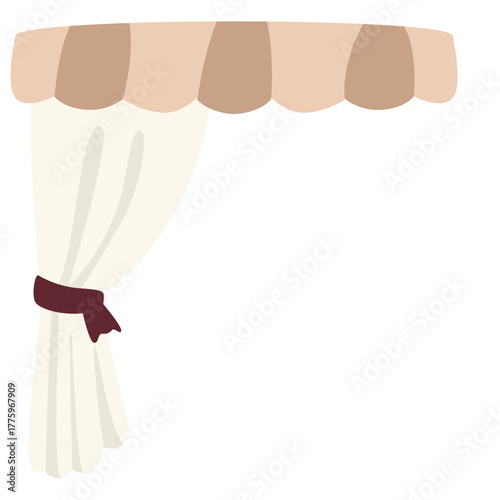 White curtain with scalloped brown valance, adding vintage charm to kitchen, café, or rustic interior designs.