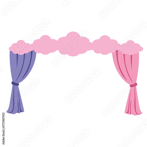 Purple and pink curtains with fluffy cloud valance, ideal for whimsical, fairy-tale, or nursery-themed designs.