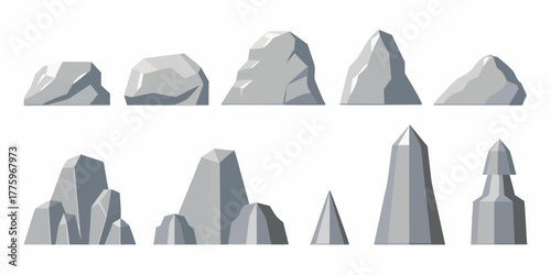 Collection of stylized grey rocks and geological formations in a flat design style