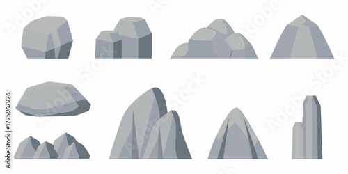 Collection of stylized gray rocks and boulders in various shapes and sizes on a white background