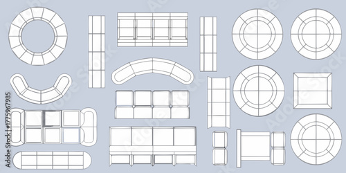 Collection of top down architectural drawings of various modular sofas and seating arrangements