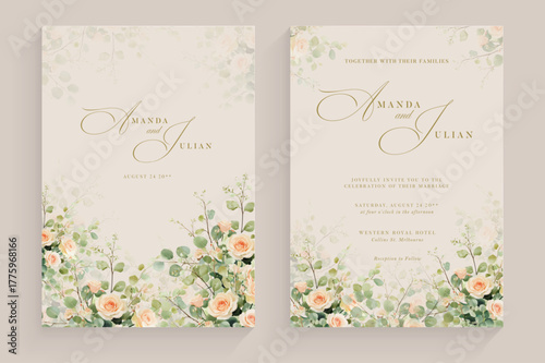 Aesthetic Wedding Invitation with Watercolor Greenery Leaves and branch