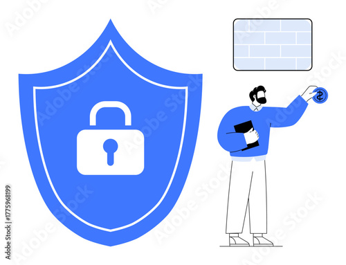 Shield icon with lock symbolizes protection, man holding secure data. Ideal for cybersecurity, data protection, privacy, online security, secure storage, VPN use safeguarding concept. Minimal flat