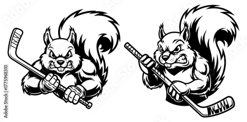 Intense black and white vector illustration featuring a muscular squirrel hockey player with a determined expression