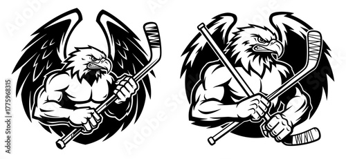 Eagle mascot holding hockey sticks, embodying speed, precision, and competitive spirit on the ice