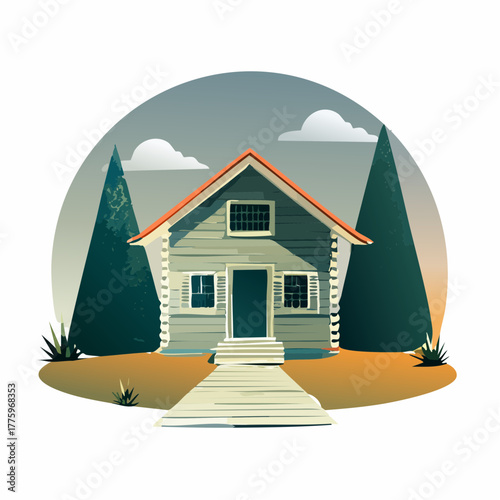 Desain arsitektur vektor rumah di bukit dengan atap dan jendela, dikelilingi lanskap musim panas, pohon, dan langit biru, seperti pondok di pegunungan