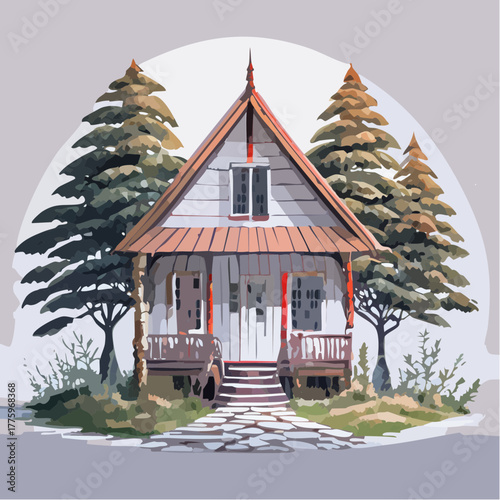 Arsitektur rumah kayu tua di hutan Asia