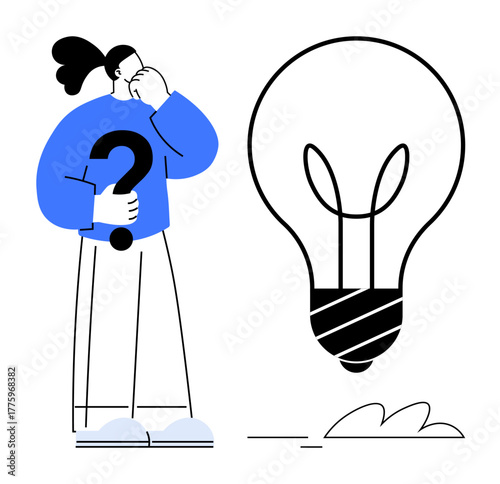 Person holding question mark while looking at a large light bulb symbolizing ideas, creativity, and problem-solving. Ideal for innovation, brainstorming, questions, challenges, learning, solutions
