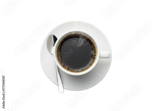 A steaming cup of black coffee served in a white cup with a saucer and a spoon beside it.