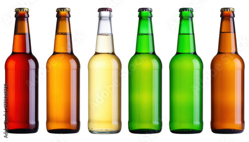 A row of six colorful beer bottles in various shades, showcasing different types of beverages.