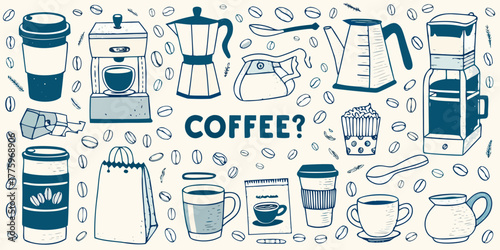 Whimsical hand drawn coffee themed illustration featuring various coffee making tools and treats