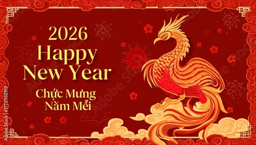 Vibrant 2026 lunar new year greeting featuring a majestic golden phoenix