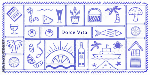 Dolce vita collection of italian summer icons and symbols in a hand drawn blue outline style