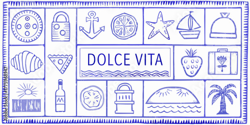 Dolce vita collection of italian summer icons and symbols in a hand drawn blue outline style
