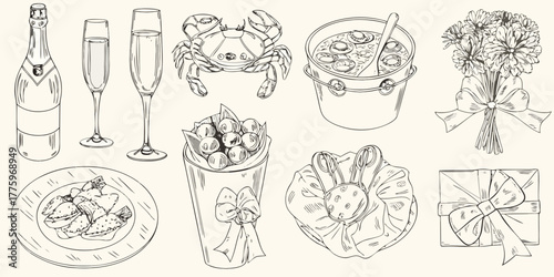 Hand drawn sketch of celebratory items including champagne crab flowers gifts and food for a special occasion