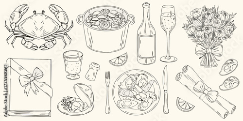 A delightful collection of hand drawn illustrations featuring a crab seafood platter champagne flowers and gifts